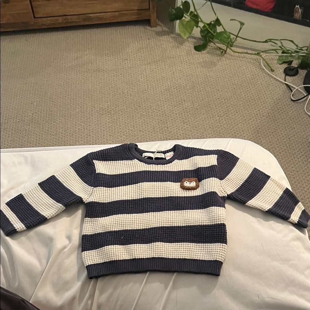 Striped Navy and Cream Knit Sweater with Bear Patch